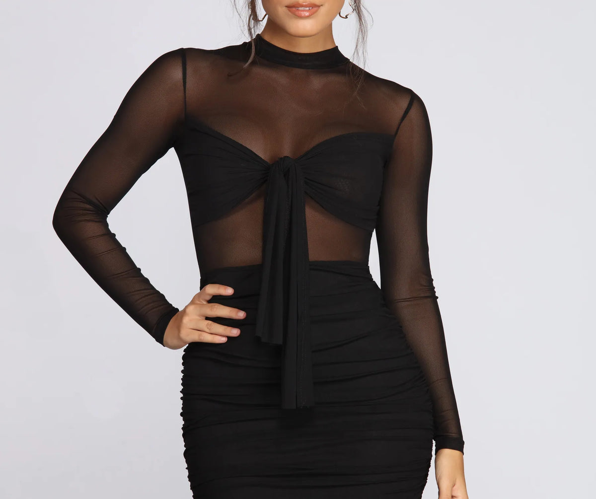 white christmas dresses Tamara V-Neckline Ruched Long Sleeve Lace Mesh Dress Olive main image 1