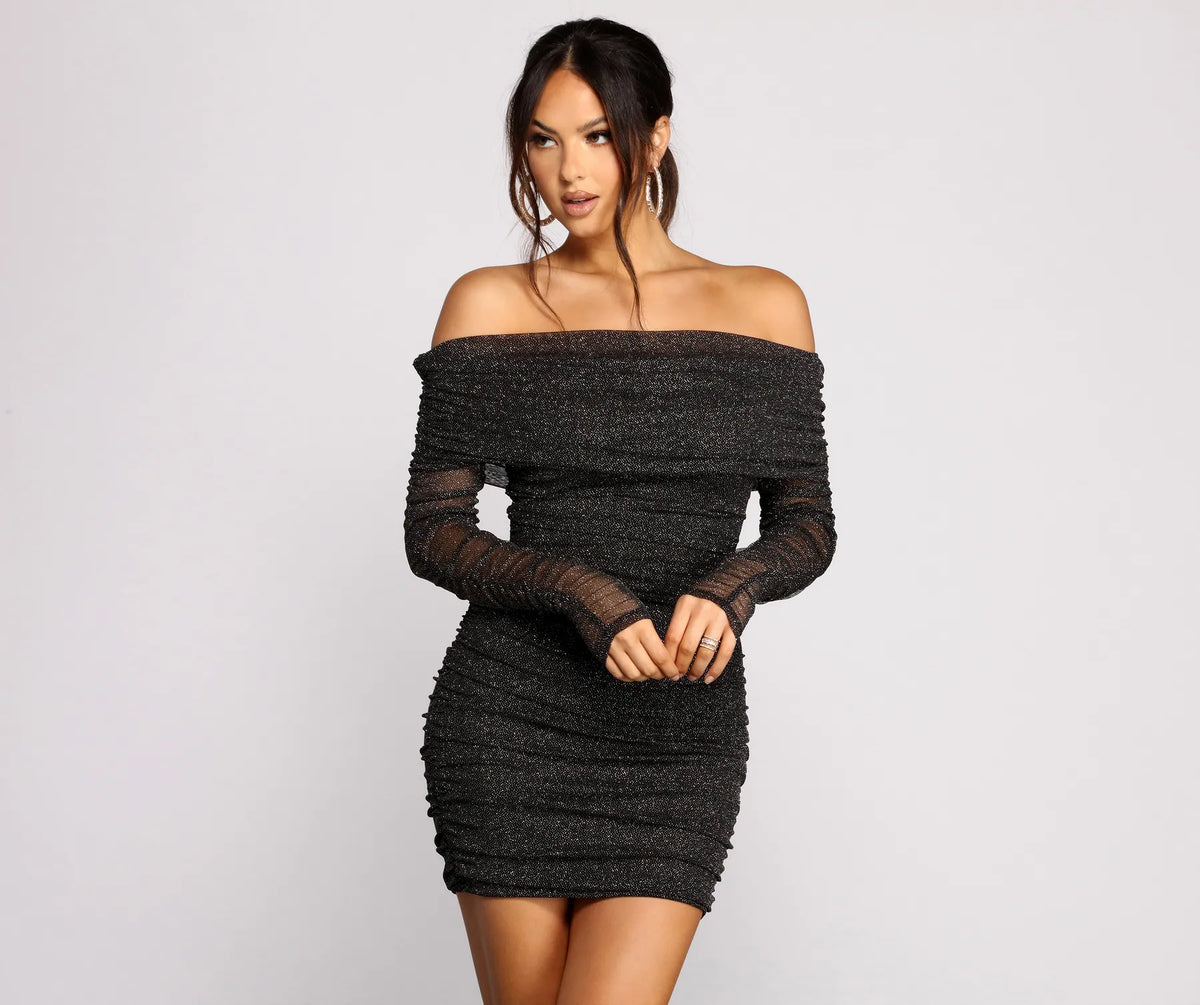 shimmer nights off the shoulder glitter mini dress Windsor Shimmer Nights Off the Shoulder Glitter Mini Dress