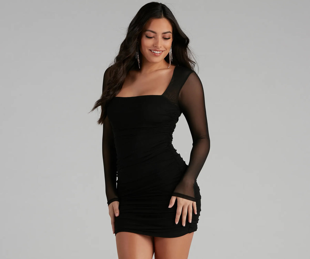 mesmerize in mesh ruched mini dress Mesmerize In Mesh Ruched Mini Dress