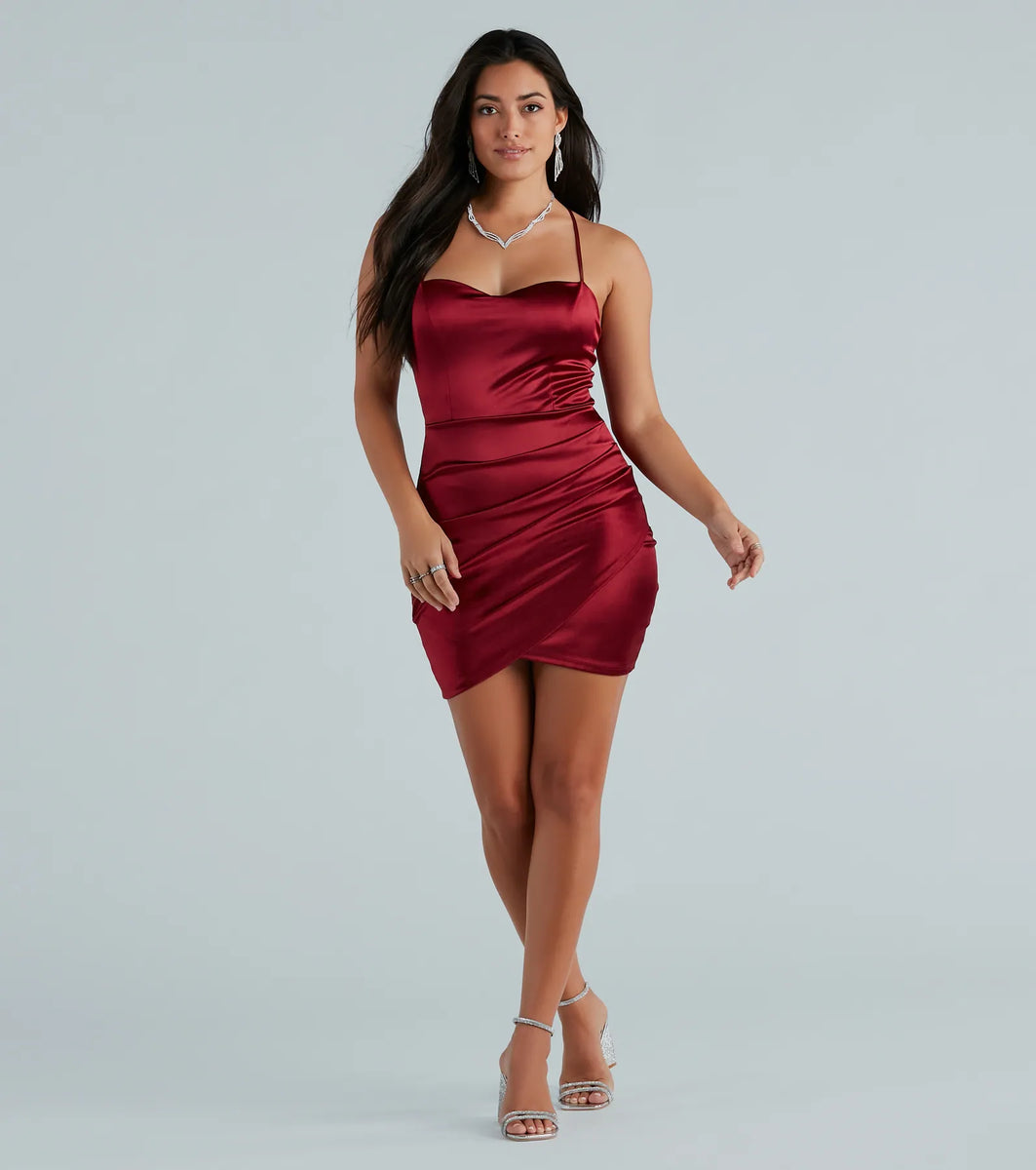 Elegant Satin Mini Dress with Rhinestone Straps & Bow Tie Details