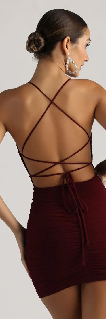 Flaunt your silhouette in the tight Mood Forever Mesh Lace-Up Mini Dress in wine, a bodycon dress that empowers your look with bold style and effortless edge.