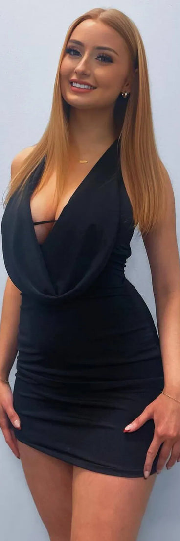 Feel ready for every dance floor moment or feed-worthy reel in the Sleek Tonight Cowl Neck Halter Mini Dress, a black homecoming dress designed to own your moment.