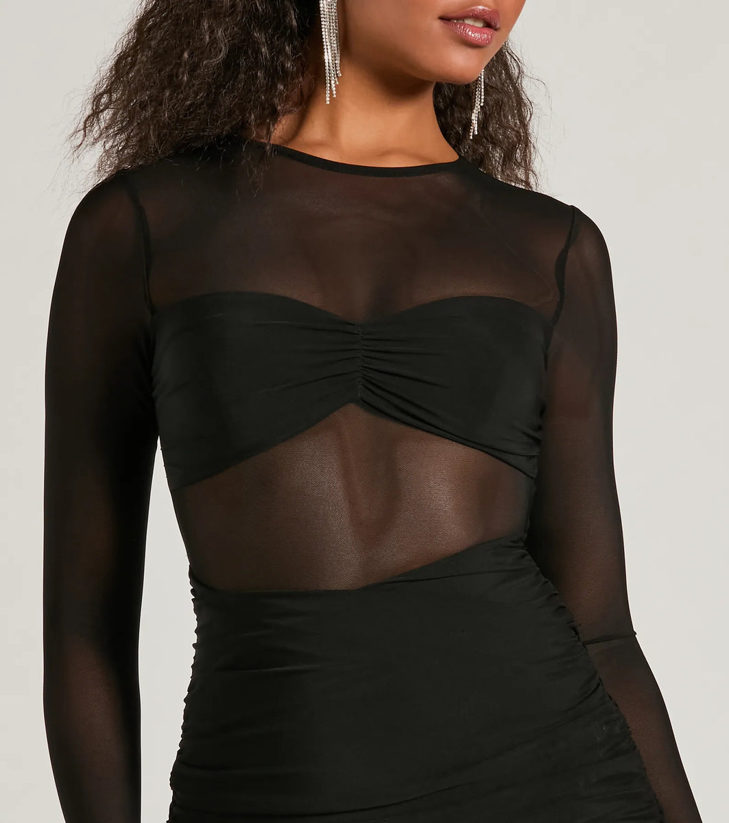 Long sleeve sheer mesh zip-up stitch maxi dress