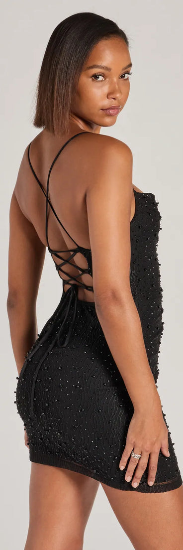 Flaunt your silhouette in the tight Luxe Design Lace-Up Pearl Rhinestone Mini Dress in black, a bodycon dress that empowers your look with bold style and effortless edge.