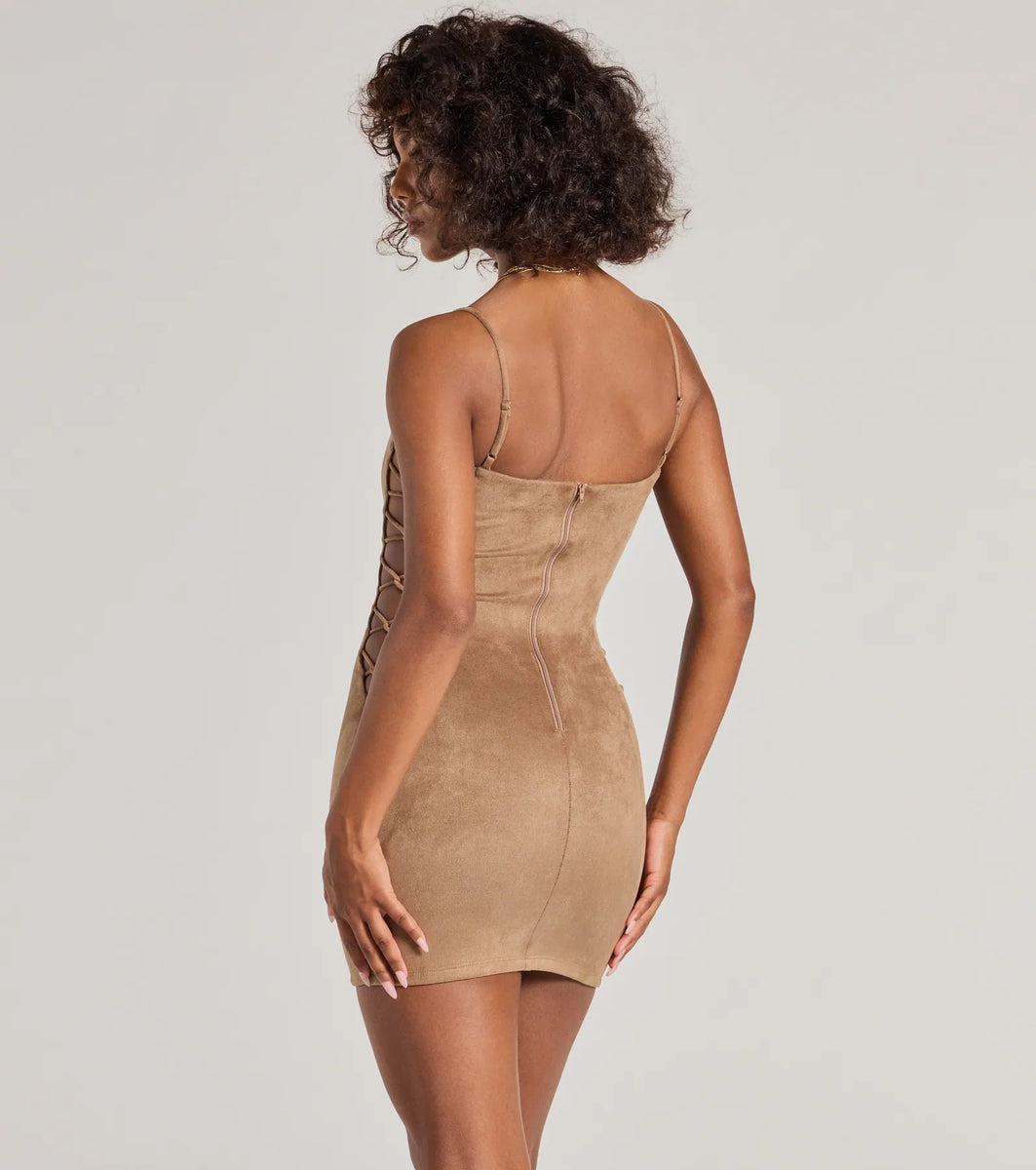 Alluring Moment Faux Suede Lattice Cutout Mini Dress | Windsor Alluring Moment Faux Suede Lattice Cutout Mini Dress | Windsor