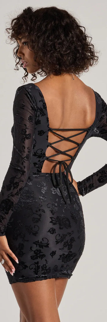 The Chic Allure Floral Velvet Burnout Long Sleeve Mini Dress is a stylish black floral dress featuring a fresh seasonal print and flattering design, perfect for garden parties, bridal showers, graduation celebrations, or everyday styling.