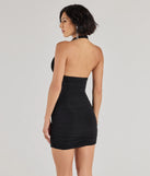 Make a statement in the Serving Allure Halter Ruched Mesh Mini Dress, a black bodycon dresses that blends unique design details with a tight silhouette for a head-turning holiday or New Year's eve dress.