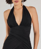 Make a statement in the Serving Allure Halter Ruched Mesh Mini Dress, a black bodycon dresses that blends unique design details with a tight silhouette for a head-turning holiday or New Year's eve dress.