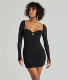 Make a statement in the Spark Up The Glam Rhinestone Long Sleeve Mini Dress, a black bodycon dresses that blends unique design details with a tight silhouette for a head-turning holiday or New Year's eve dress.