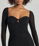 Make a statement in the Spark Up The Glam Rhinestone Long Sleeve Mini Dress, a black bodycon dresses that blends unique design details with a tight silhouette for a head-turning holiday or New Year's eve dress.