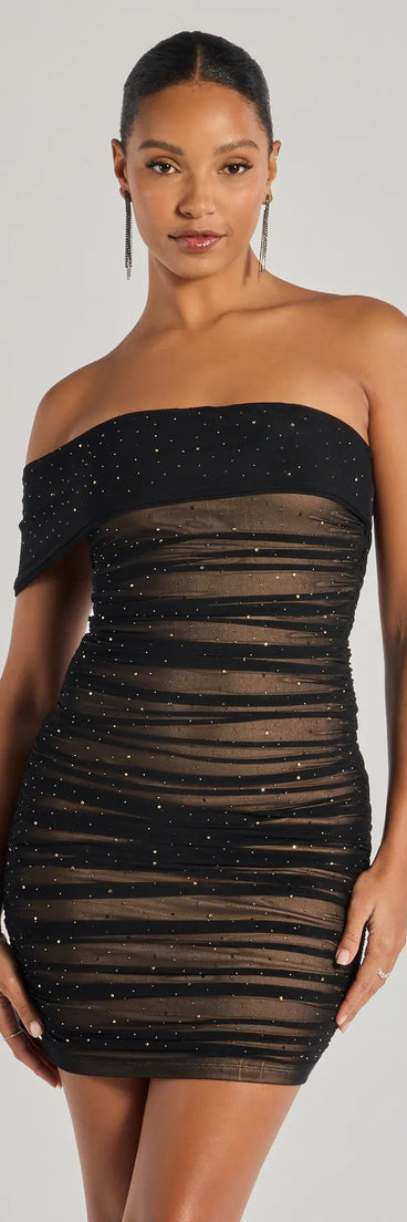 Sheer Glam Rhinestone Two-Tone Off The Shoulder Mini Dress, a trendy black mini dress featuring modern details and a fresh seasonal hue, perfect for creating chic 2025 looks.