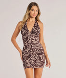 Make a statement in the Fierce Style Zebra Print Mesh Halter Mini Dress, a brown bodycon dresses that blends unique design details with a tight silhouette for a head-turning holiday or New Year's eve dress.