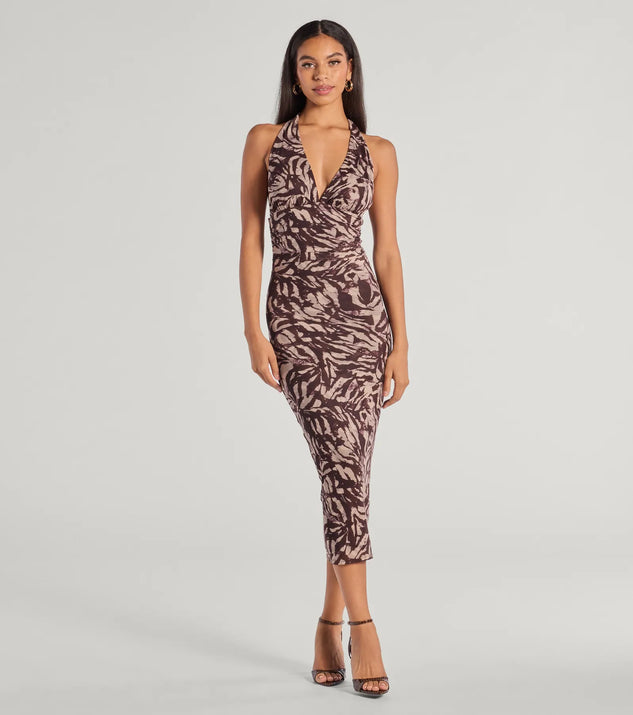 Elevate your winter wardrobe with the Fierce Style Zebra Print Mesh Halter Midi Dress— a party-ready brown cocktail dress featuring seasonal accents and a sophisticated style, ideal for semi-formal holiday events from family dinners to NYE celebrations.