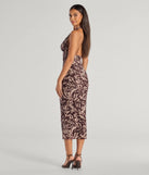 The Fierce Style Zebra Print Mesh Halter Midi Dress in brown combines chic design and festive charm, offering a cocktail dress perfect for winter cocktail parties, work events, and holiday soirées.