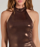 The Chrome Chic Metallic Ruched Halter Mini Dress in brown combines chic design and festive charm, offering a cocktail dress perfect for winter cocktail parties, work events, and holiday soirées.