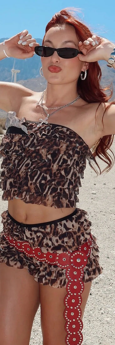 Serve effortless style and scroll-stopping energy in the Always Prowling Leopard Ruffle Tube Top, part of a leopard print matching clothing set that does the work for you with bold, polished vibes from top to bottom.