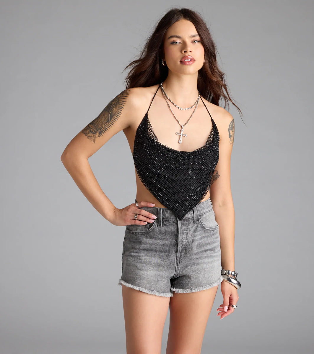 Destiny Driven Rhinestone Fishnet Crop Top | Windsor