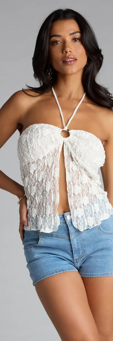 Complete your look with the Flirt In Full Bloom Lace Halter Top, a trendy ivory top that’s ready to pair with anything in your fall rotation.