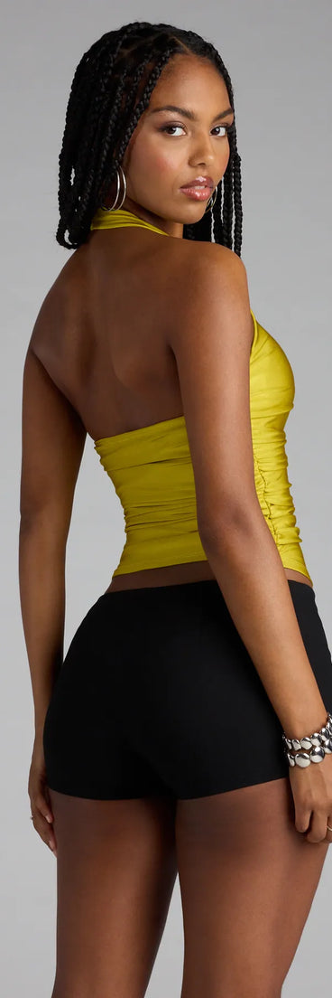 Trendy women’s tops, like the Major Vibe Plunge Halter Top, bring effortless style for fall layering, lounging, or going out.