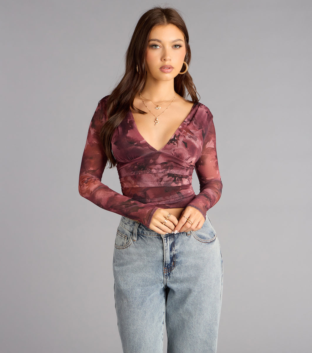 Soft Focus Drama Mesh Plunge Crop Top | Windsor