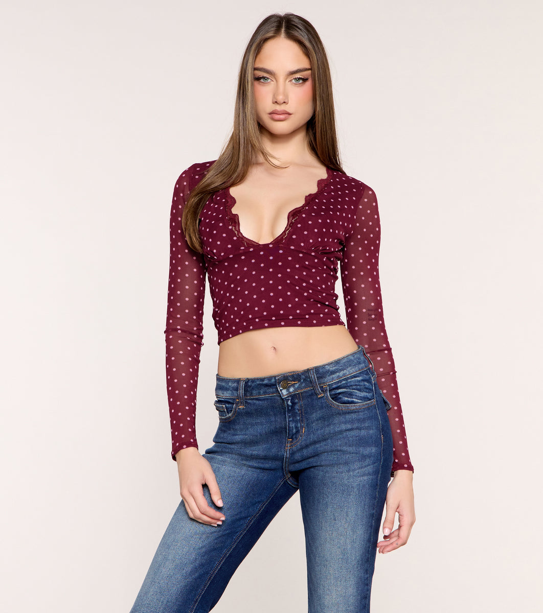 Dot Crush Polka Dot Lace Trim V Neck Crop Top | Windsor