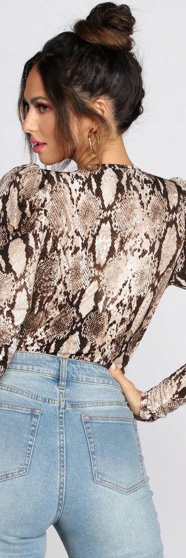 Puff Sleeve Snake Print Bodysuit
