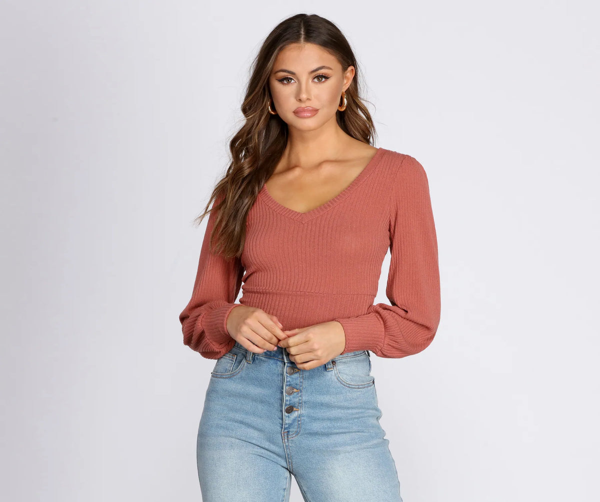 V Neck Lapel Ribbed Knit Top
