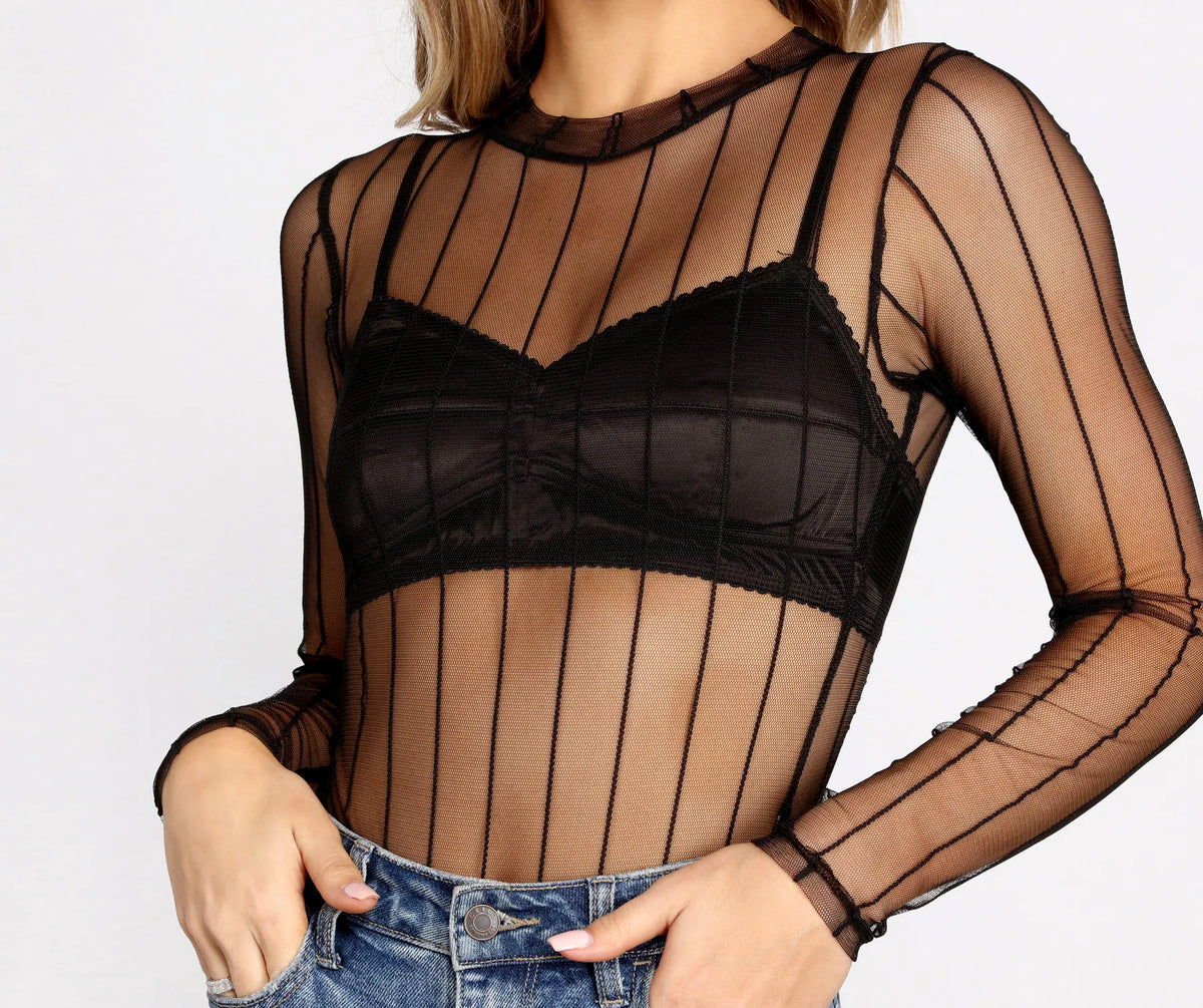 Chéri mie1014 shop's★ Sheer Striped Mesh Bodysuit | Windsor