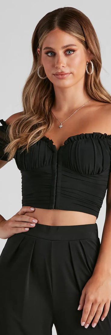 The Hooked In Ruched Crop Top in black with a modern design and trendy look is part of the latest women's tops collection to elevate your 2025 wardrobe.