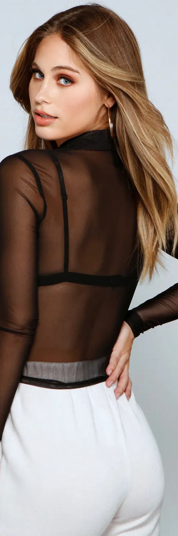 Basic Collared Button Down Mesh Top