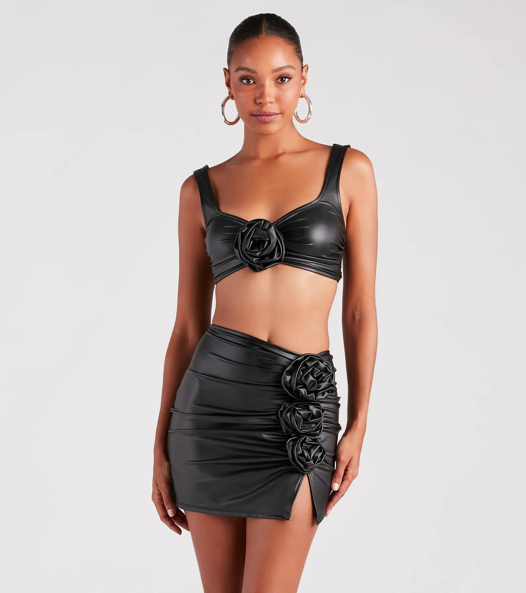 Make It Bloom Faux Leather Rosette Crop Top | Windsor