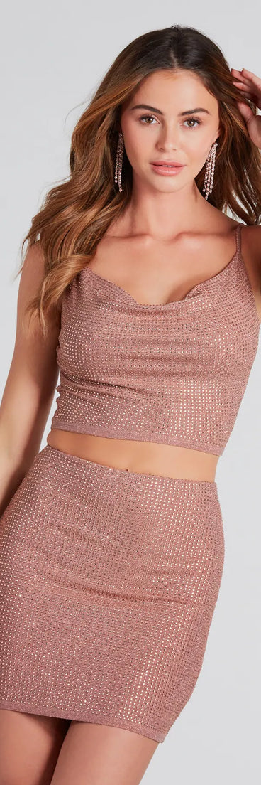 The Holiday Hottie Glitter Cowl Neck Crop Top in rose gold with a modern design and trendy look is part of the latest women's tops collection to elevate your 2025 wardrobe.