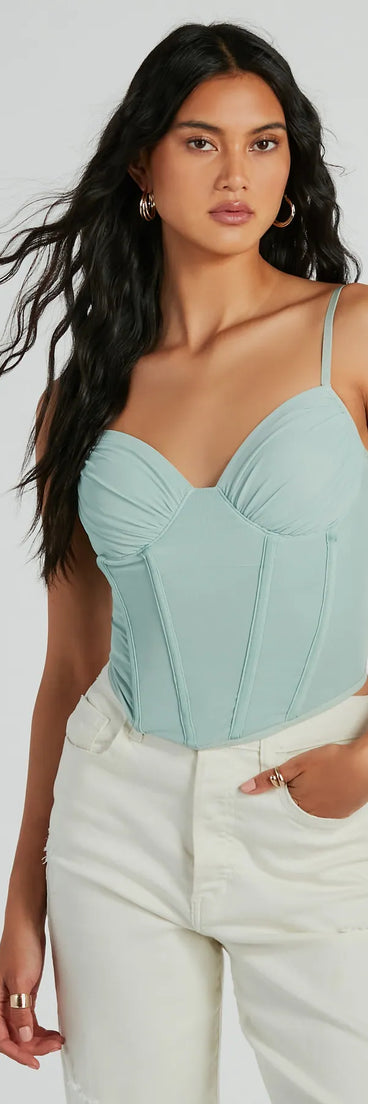 The Sultry Perfection Mesh Cropped Bustier Top in sage is a women's workwear essential with an elevated fabric and chic silhouette, ideal for layering and versatile enough to take your look from office chic to going-out ready!