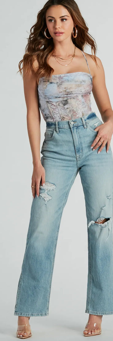 Sunset Dream Scroll Print Mesh Corset Top