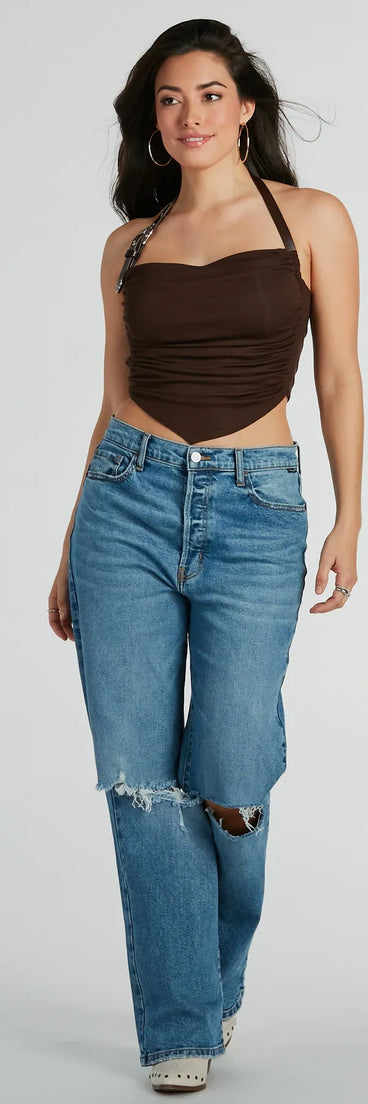 The Country Feels Belted Halter Crop Top in brown with a modern design and trendy look is part of the latest women's tops collection to elevate your 2025 wardrobe.