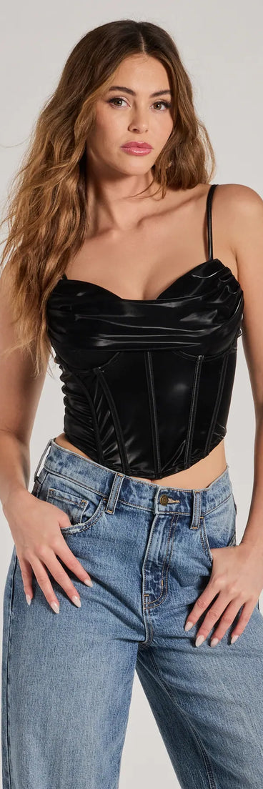 The Edgy Statement Faux Leather Cropped Corset in black with a modern design and trendy look is part of the latest women's tops collection to elevate your 2025 wardrobe.