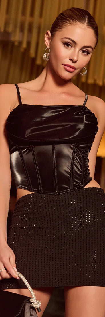 The party-ready Edgy Statement Faux Leather Cropped Corset is a black going-out top showcasing a seasonal color and modern silhouette to create outfits for date nights, cocktail parties, or clubwear.