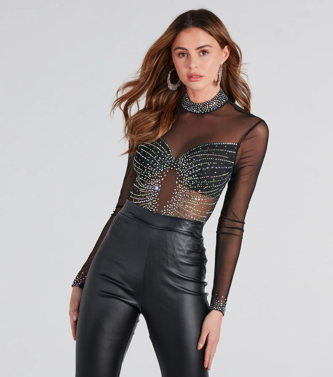 Rising Star Rhinestone Mock Neck Mesh Bodysuit Windsor