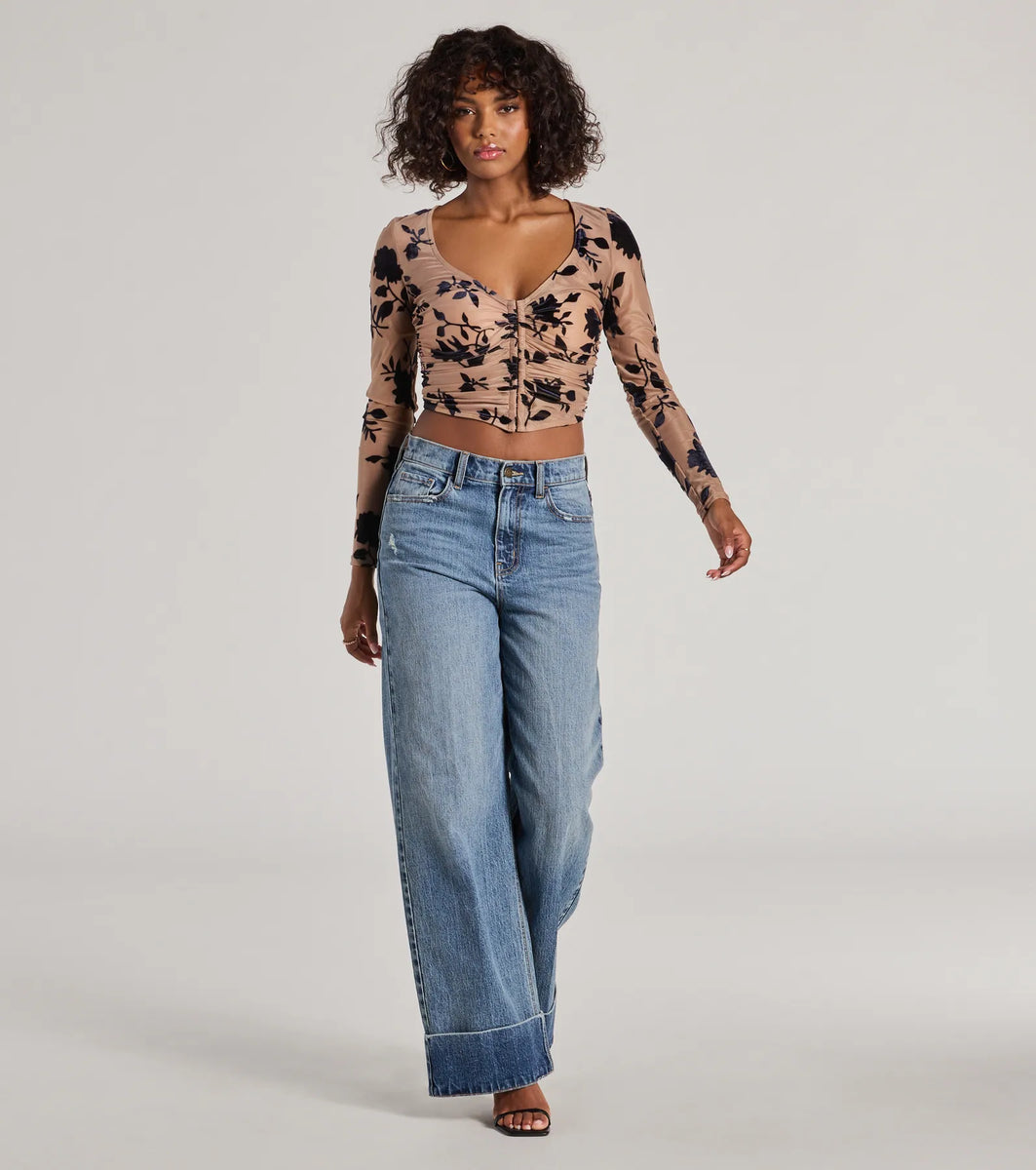 Charming Flocked Floral Mesh Long Sleeve Corset Top | Windsor