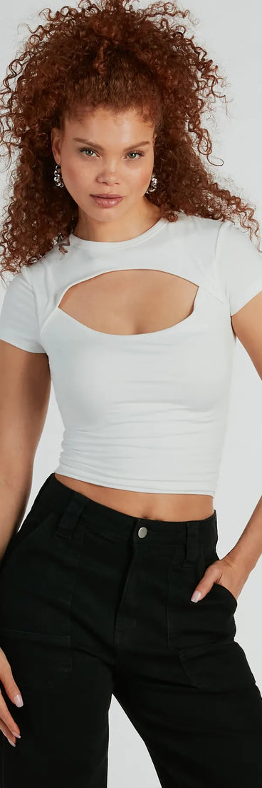 The Playful Vibes Cutout Crew Neck Crop Top in white with a modern design and trendy look is part of the latest women's tops collection to elevate your 2025 wardrobe.