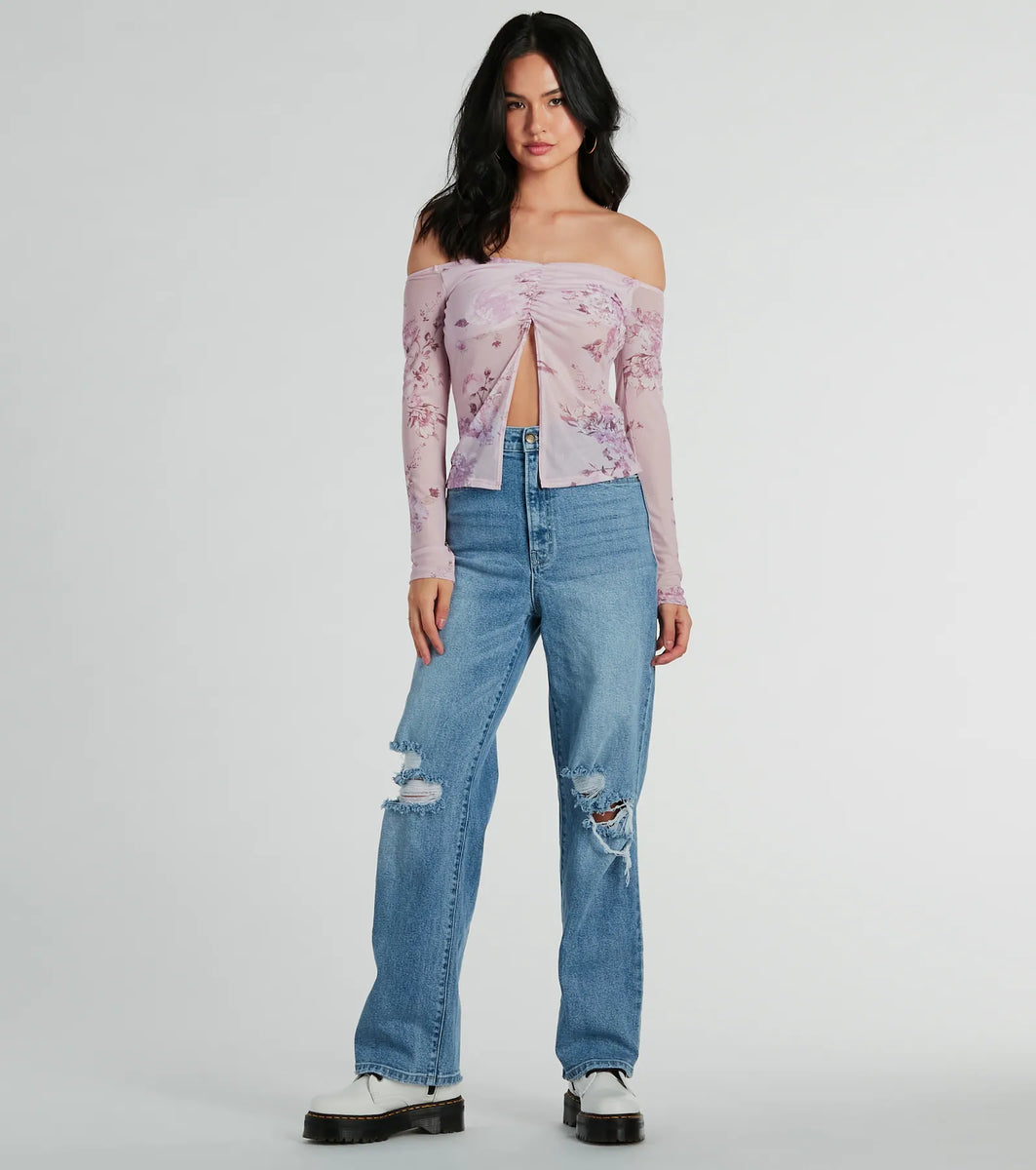 Delicate Blooms Floral Mesh Exposed-Seam Top