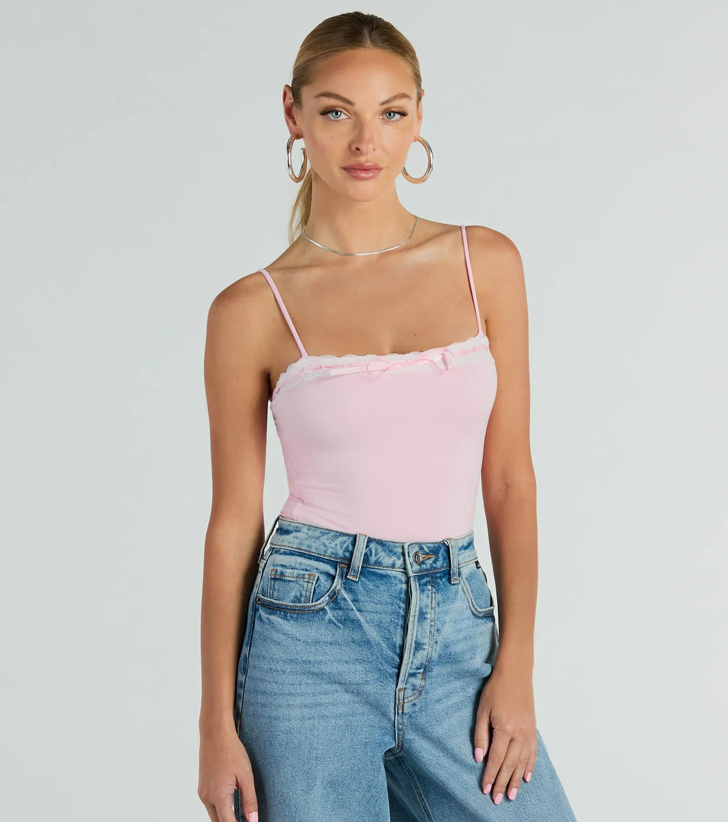 Darling Sass Sleeveless Lace Trim Bow Bodysuit | Windsor