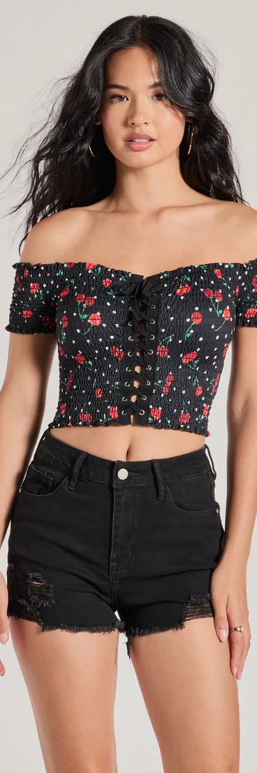 Sweet Like Cherries Lace-Up Off-The-Shoulder Top