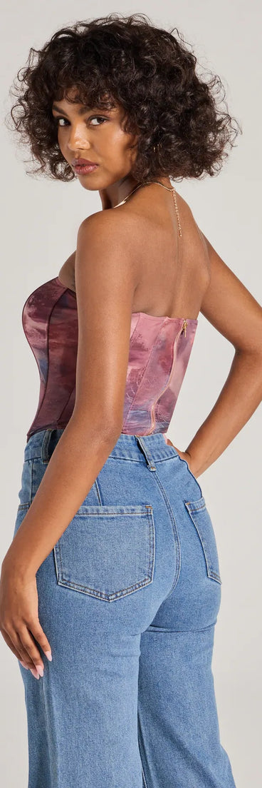 The party-ready Keep It Alluring Abstract Mesh Strapless Bustier Top is a mauve going-out top showcasing a seasonal color and modern silhouette to create outfits for date nights, cocktail parties, or clubwear.