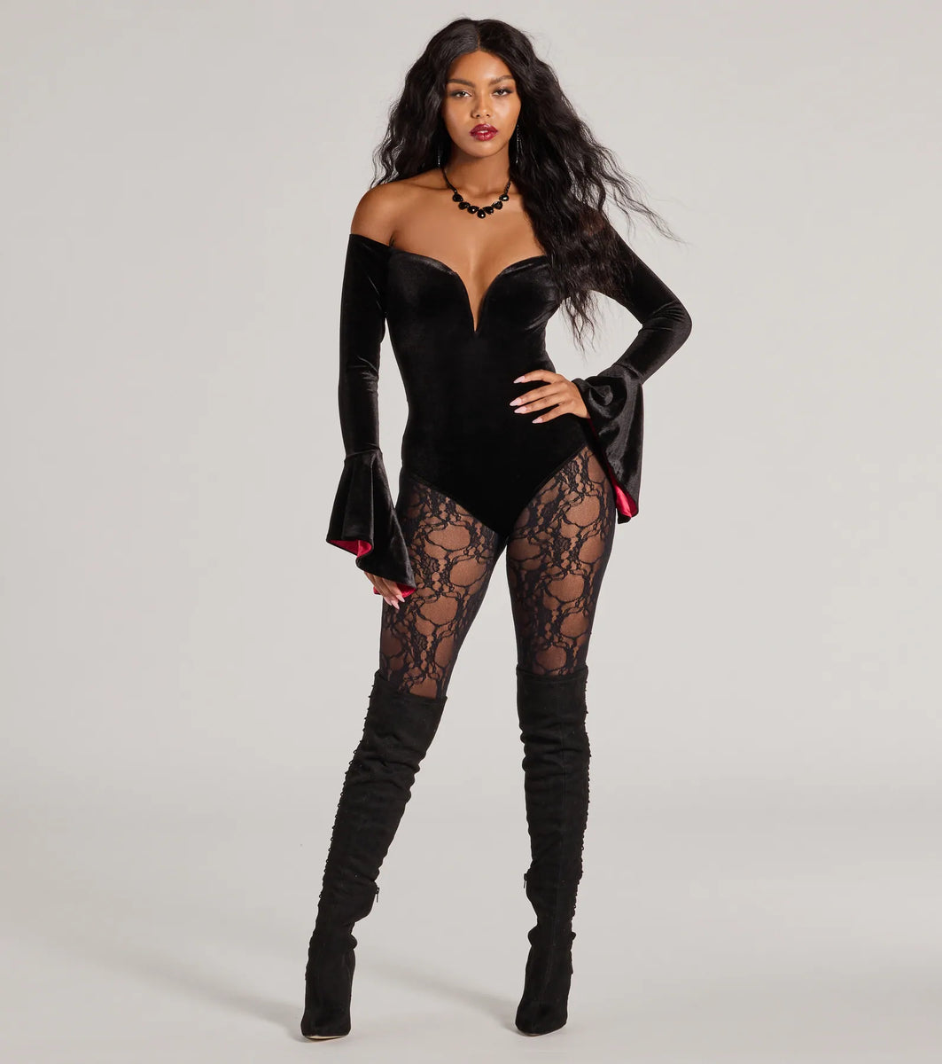 Vampy Vixen Long Sleeve Velvet Bodysuit | Windsor