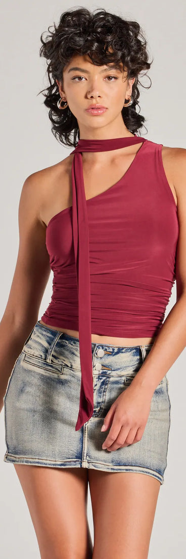 The It-Girl Style One-Shoulder Neck Tie Knit Top in burgundy with a modern design and trendy look is part of the latest women's tops collection to elevate your 2025 wardrobe.