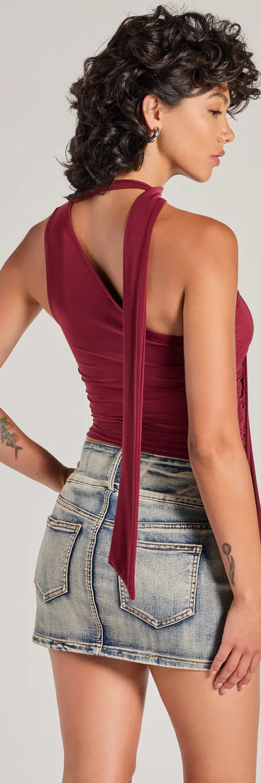 The It-Girl Style One-Shoulder Neck Tie Knit Top in burgundy with a modern design and trendy look is part of the latest women's tops collection to elevate your 2025 wardrobe.