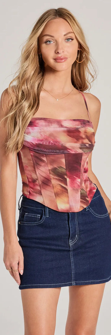 The Colorful Scene Abstract Print Corset Crop Top in multi-color with a modern design and trendy look is part of the latest women's tops collection to elevate your 2025 wardrobe.