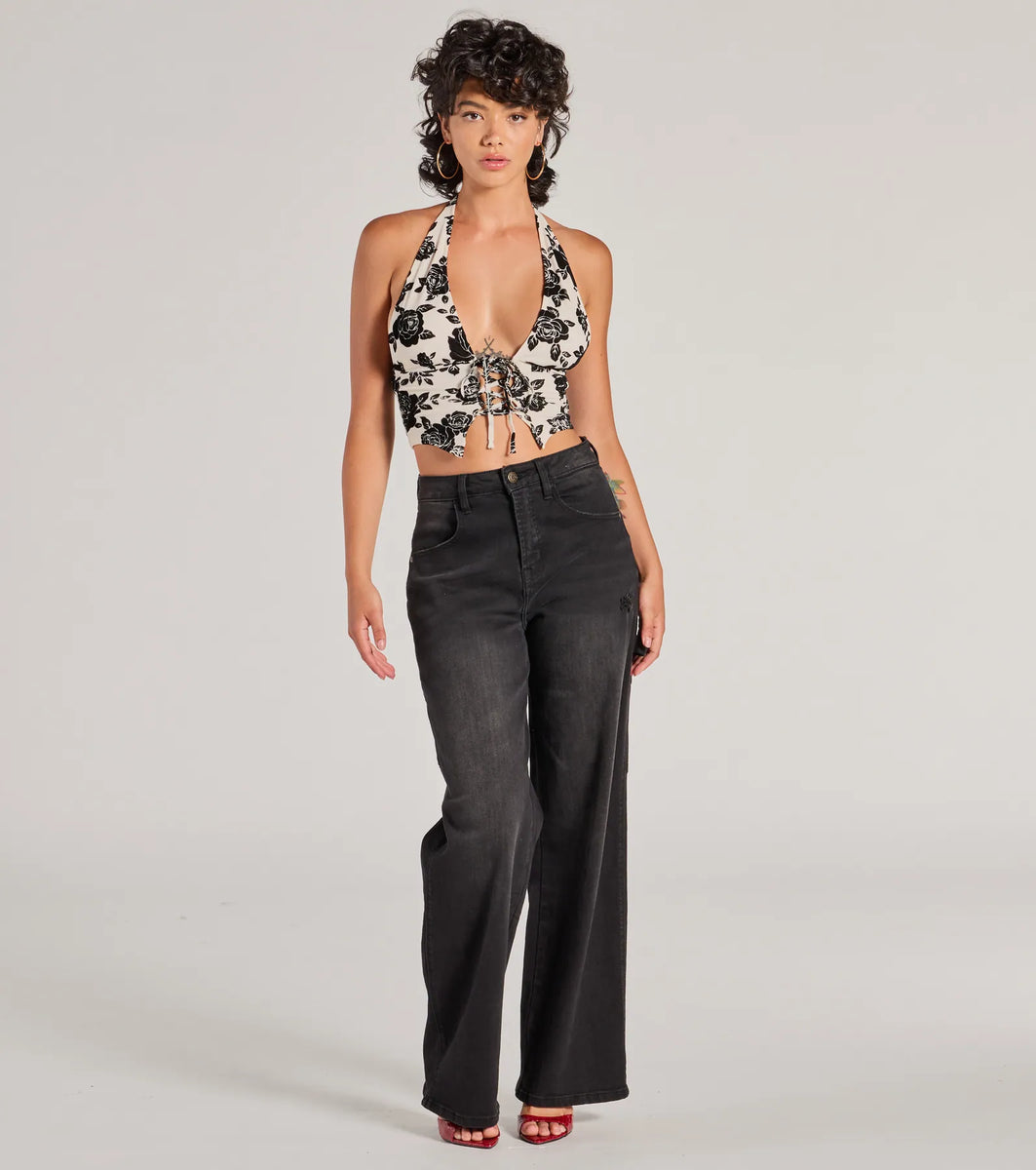 トップス DOGWOOD VELOUR L/S SHIRT&BALLOON PANTS Love For Chic Flocked Floral Halter Crop Top | Windsor