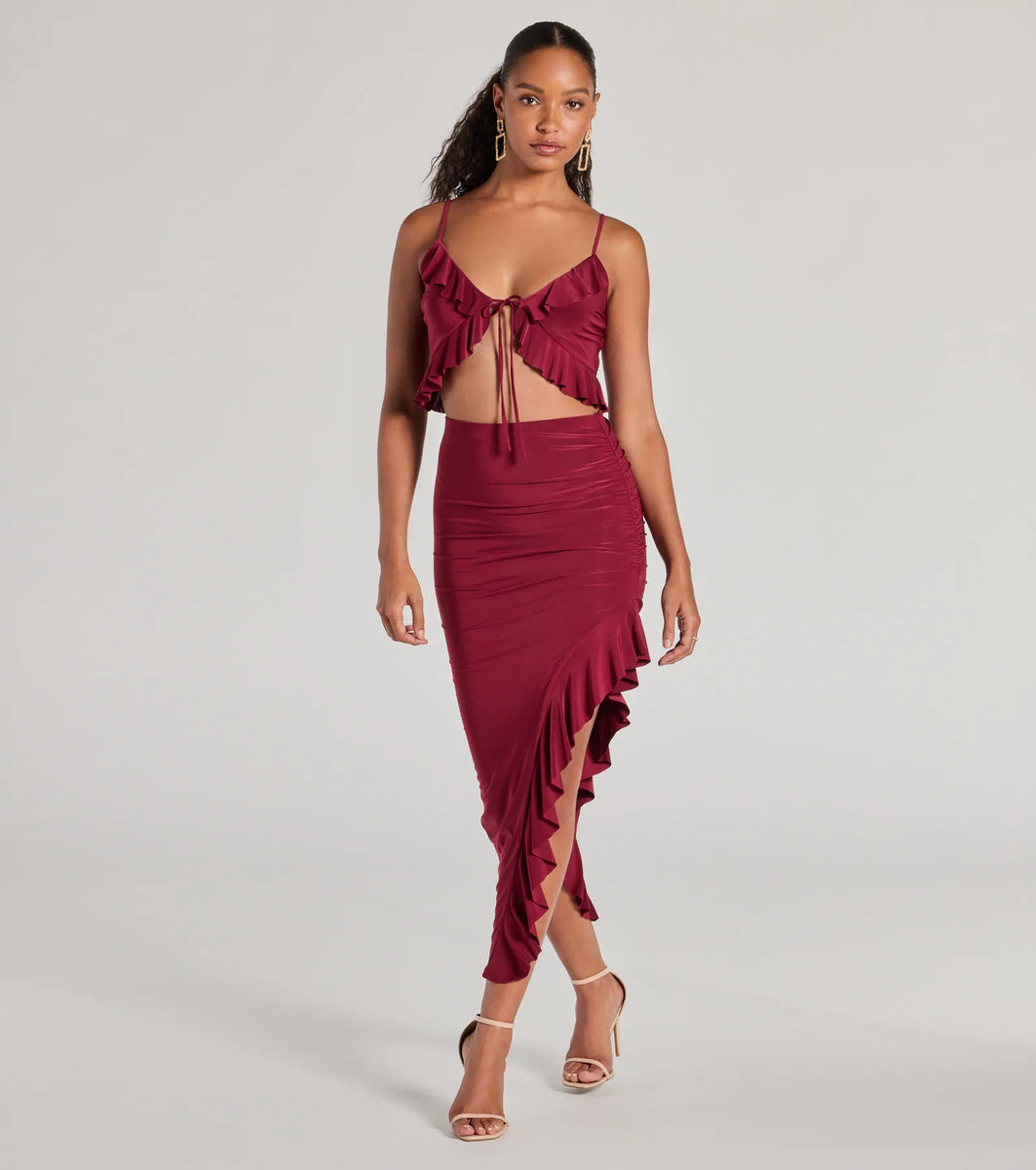 Flirty Moves Ruffled Tie-Front Knit Crop Top | Windsor